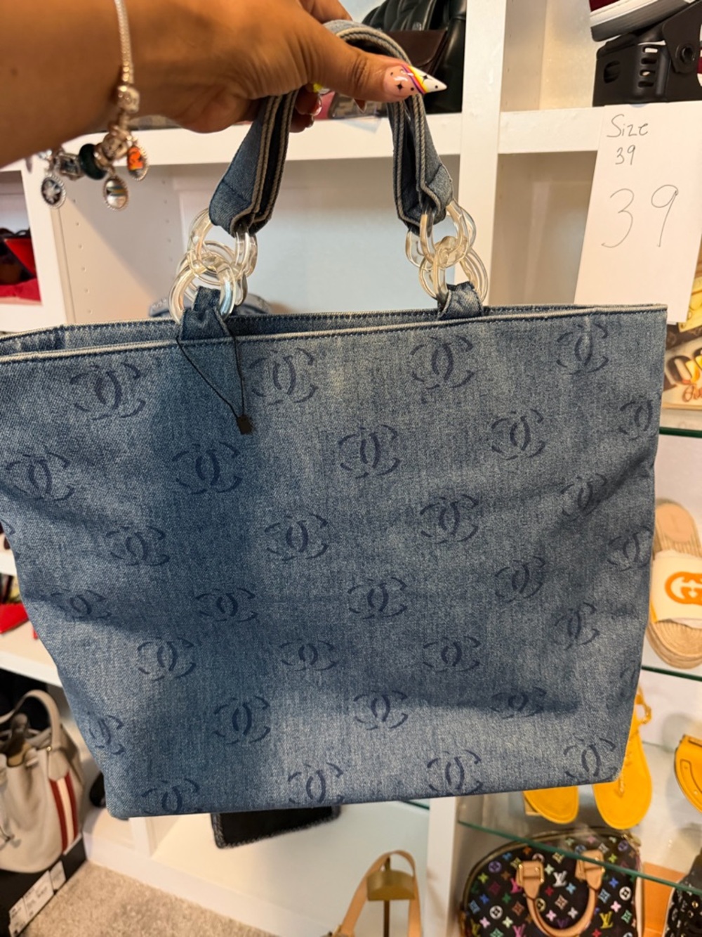 CHANEL Denim Double C Logo Tote with Clear Ring Handles - Blue
